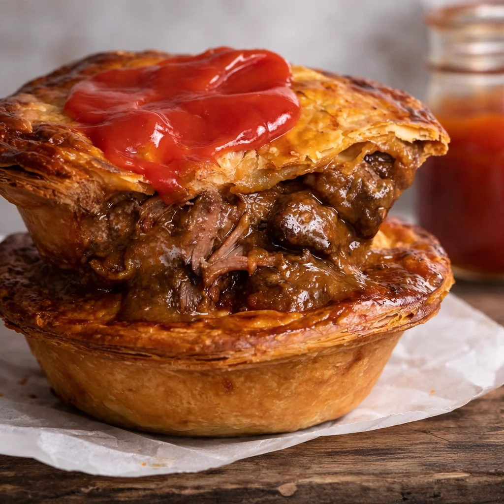Delicious homemade meat pie with beef and potatoes in flaky pastry crust.
