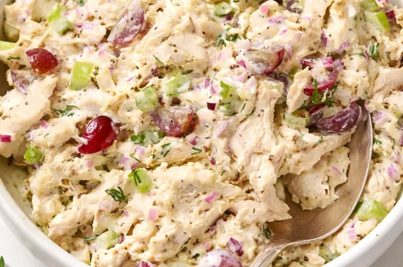 Delicious chicken salad with celery, grapes, and herbs for sandwich filling or salad.