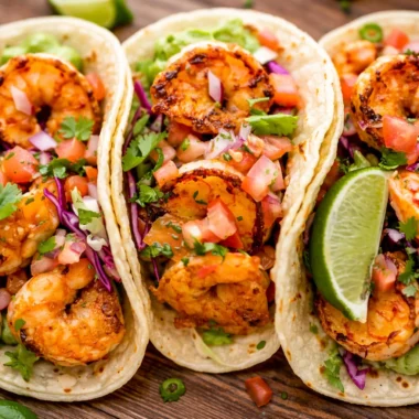 Delicious spicy shrimp tacos served with cilantro lime slaw and avocado crema.