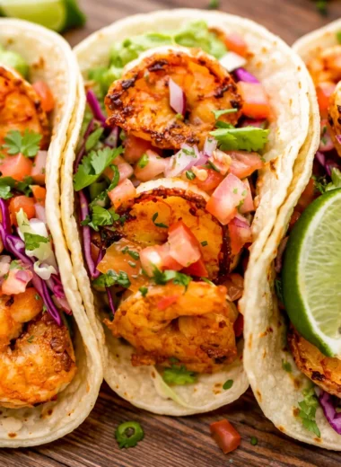 Delicious spicy shrimp tacos served with cilantro lime slaw and avocado crema.