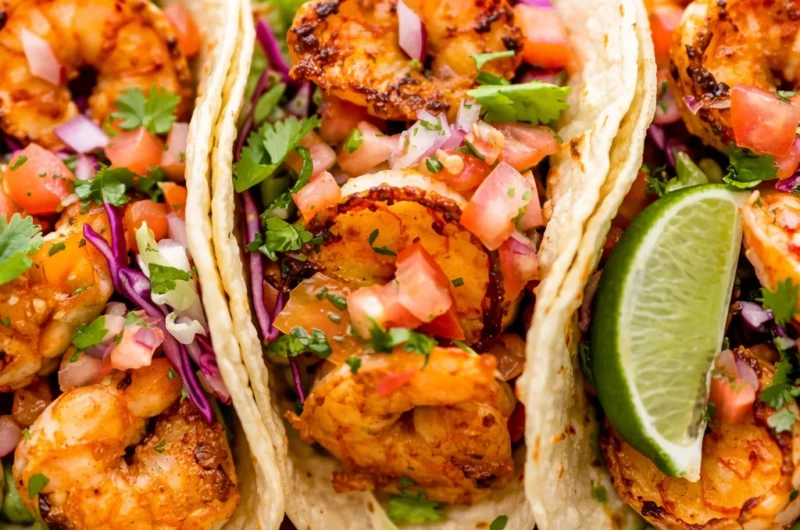 Delicious spicy shrimp tacos served with cilantro lime slaw and avocado crema.