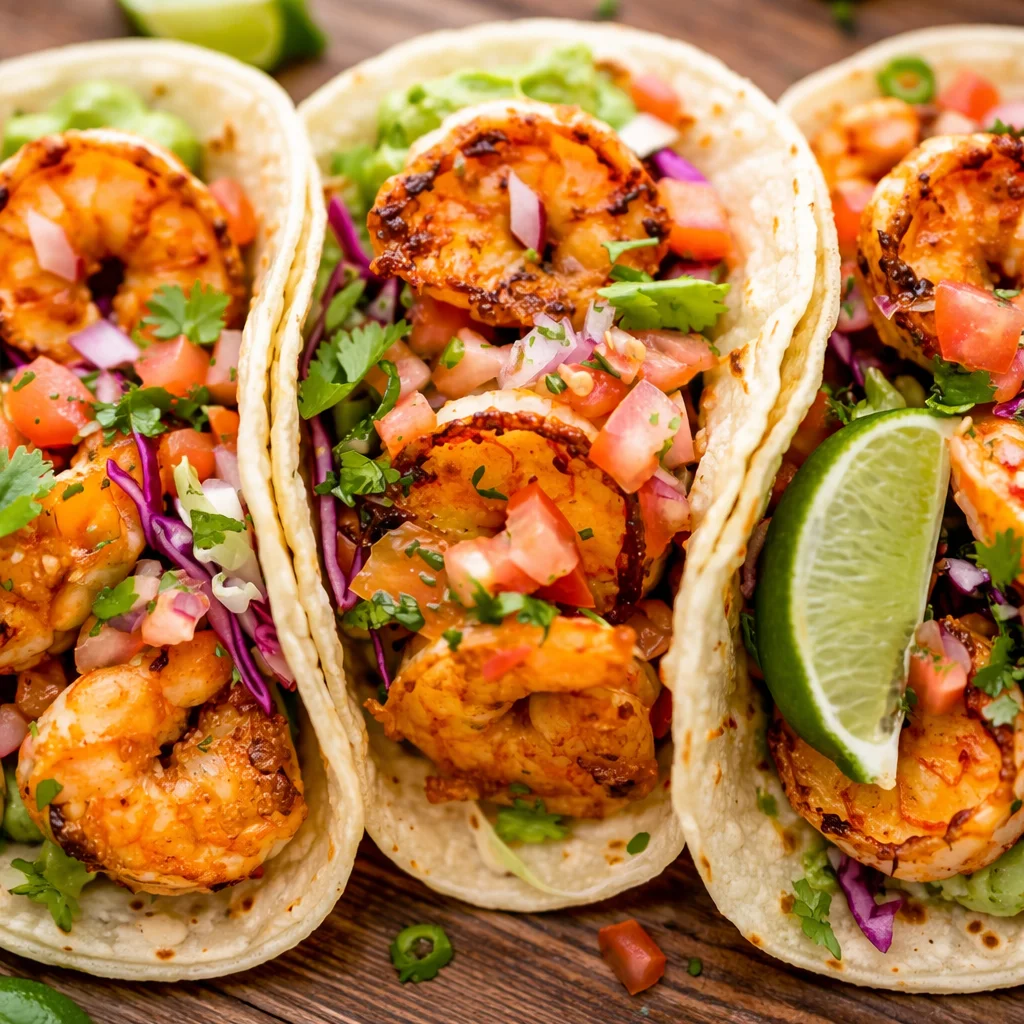 Delicious spicy shrimp tacos served with cilantro lime slaw and avocado crema.