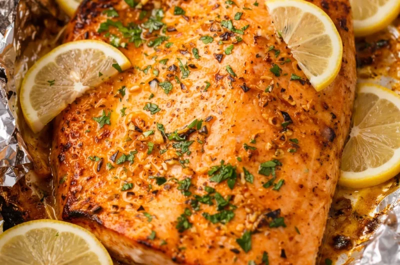Garlic Butter Baked Salmon served with asparagus, ready in 20 minutes.