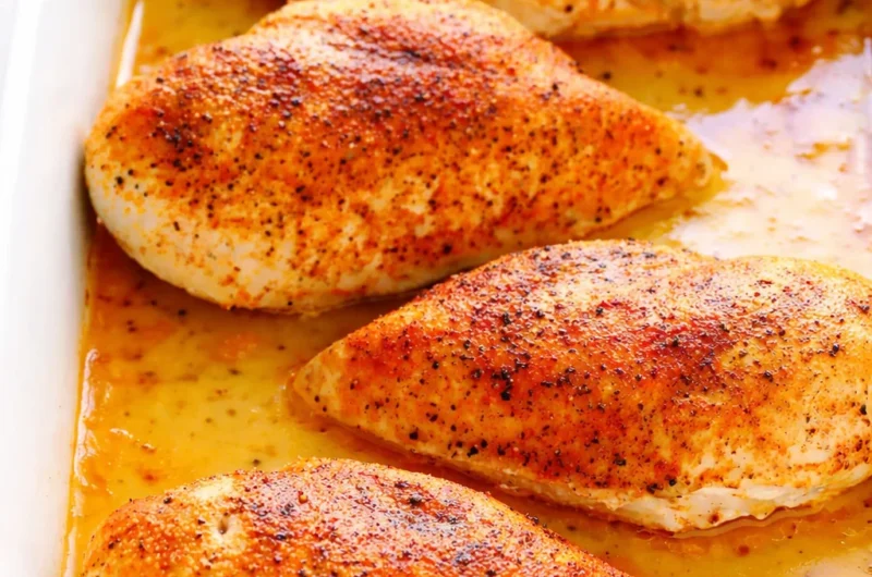 Juicy baked chicken breast garnished with herbs, perfect dinner recipe.