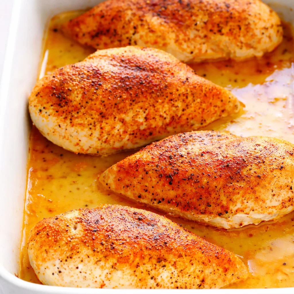 Juicy baked chicken breast garnished with herbs, perfect dinner recipe.