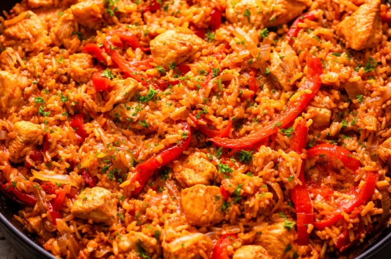 One pan chicken and rice dinner ready in 30 minutes with colorful vegetables.