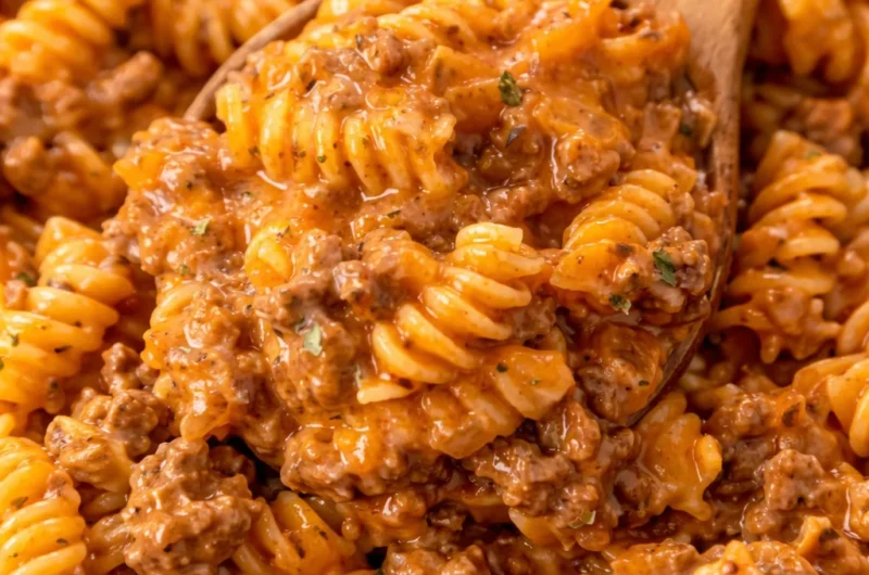 Easy 30 Minute One Pan Pasta With Ground Beef topped with cheese in a skillet.
