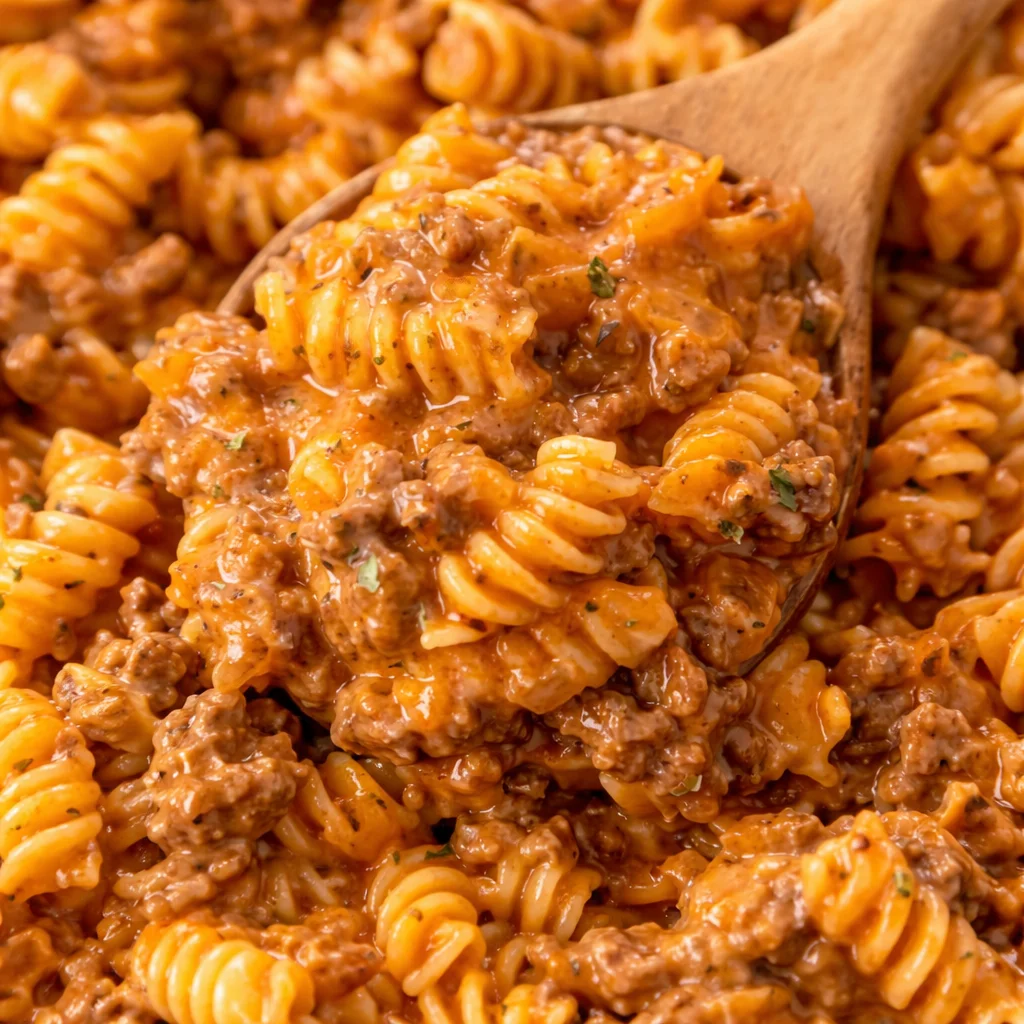 Easy 30 Minute One Pan Pasta With Ground Beef topped with cheese in a skillet.
