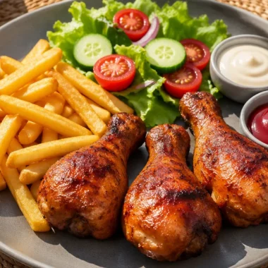 Plate of roasted chicken drumsticks with fries and fresh salad