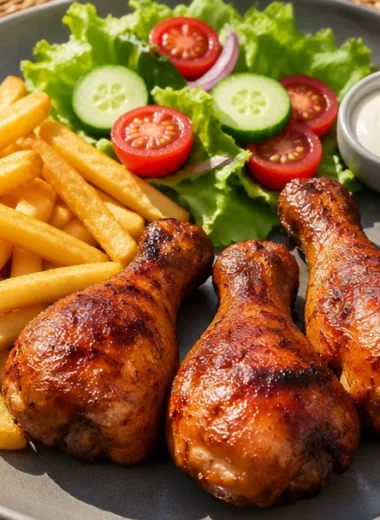 Plate of roasted chicken drumsticks with fries and fresh salad