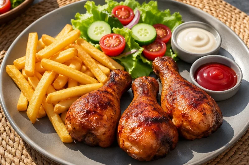 Plate of roasted chicken drumsticks with fries and fresh salad