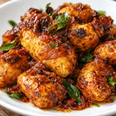 Plate of Easy Chicken Chukka garnished with curry leaves and spices, ready to serve.