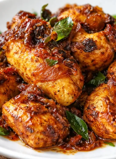 Plate of Easy Chicken Chukka garnished with curry leaves and spices, ready to serve.