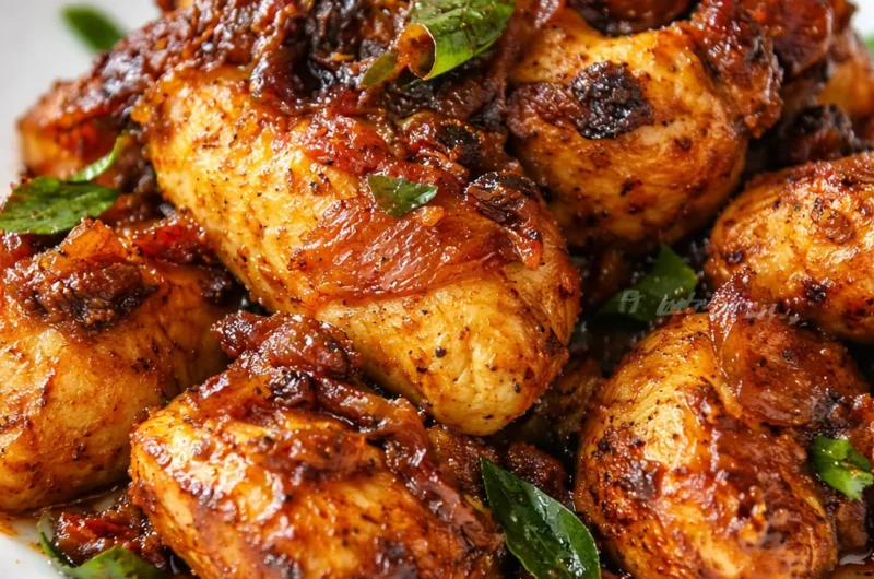 Plate of Easy Chicken Chukka garnished with curry leaves and spices, ready to serve.