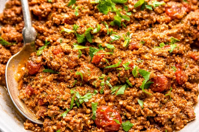 Delicious crockpot taco meat made with ground beef, salsa, and taco seasoning.