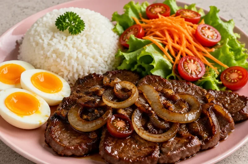 Savory garlic butter steak plate with rice and fresh salad