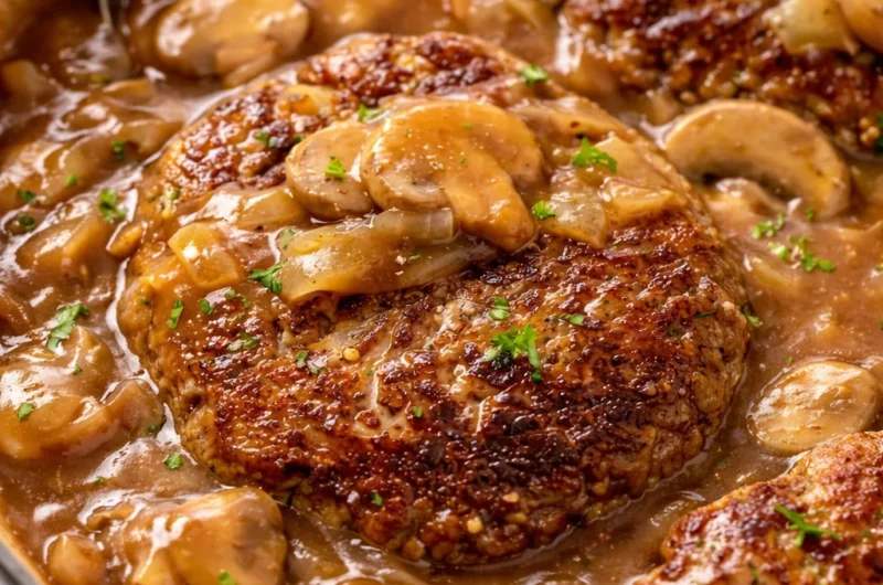 Juicy Salisbury steak with mushrooms and rich gravy on a plate.