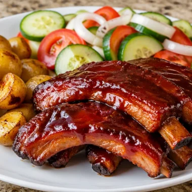 Plate of sticky BBQ ribs served with sides, showcasing deliciously glazed meat