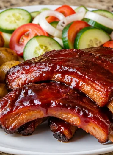 Plate of sticky BBQ ribs served with sides, showcasing deliciously glazed meat
