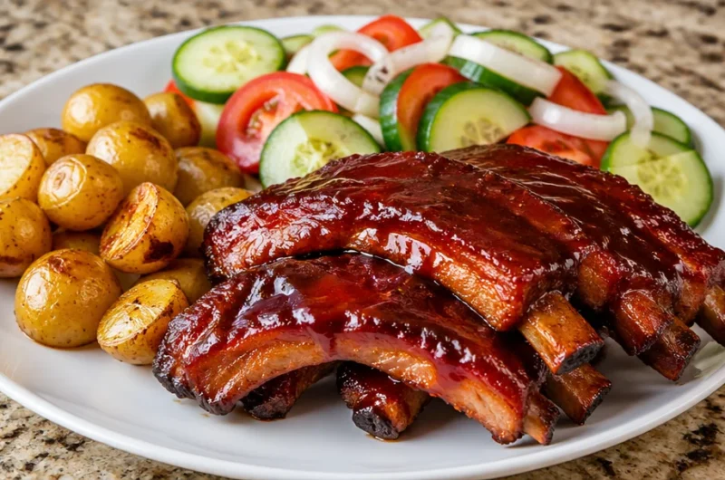 Plate of sticky BBQ ribs served with sides, showcasing deliciously glazed meat