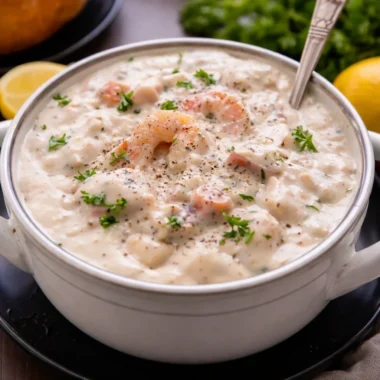 A bowl of Hearty Seafood Chowder filled with shrimp, fish, and creamy broth.