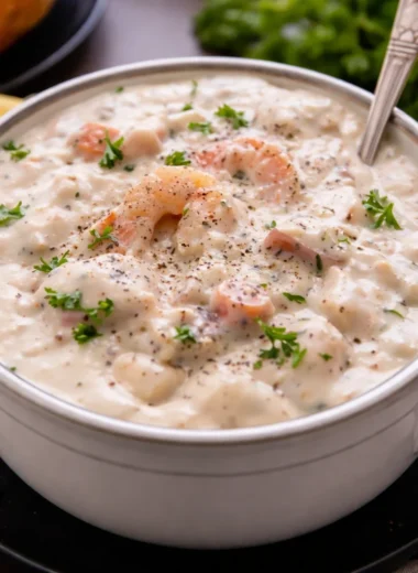 A bowl of Hearty Seafood Chowder filled with shrimp, fish, and creamy broth.