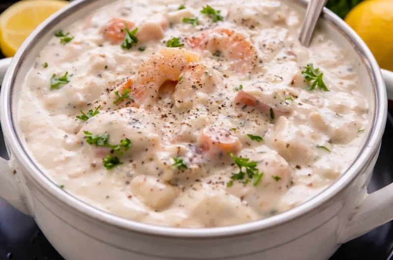 A bowl of Hearty Seafood Chowder filled with shrimp, fish, and creamy broth.