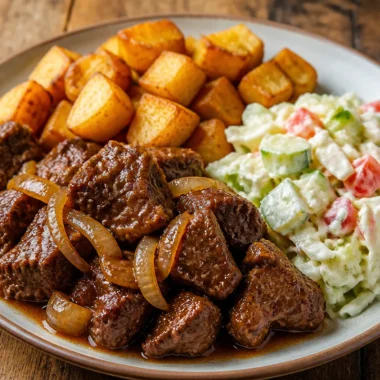 Delicious beef stew with crispy potatoes served in a rustic bowl.