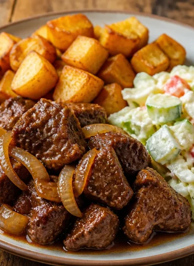 Delicious beef stew with crispy potatoes served in a rustic bowl.