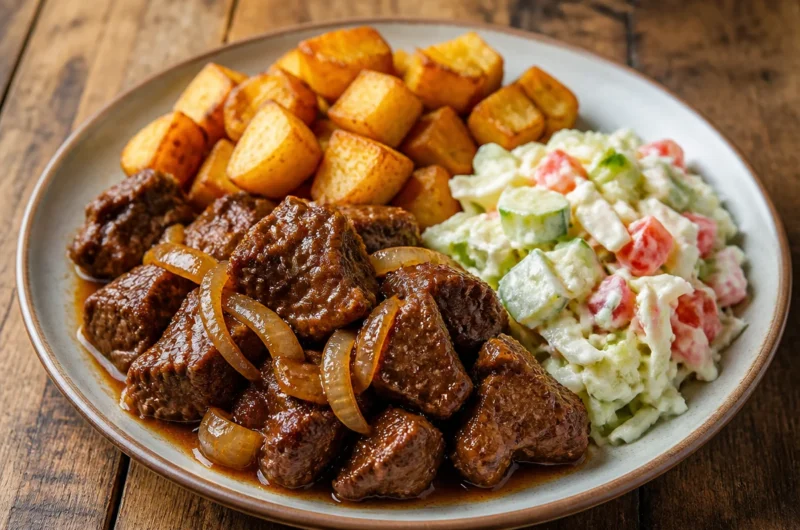 Delicious beef stew with crispy potatoes served in a rustic bowl.
