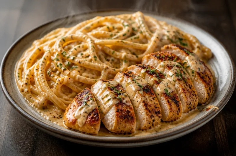Delicious Cajun Chicken Pasta with a creamy sauce ready to serve.