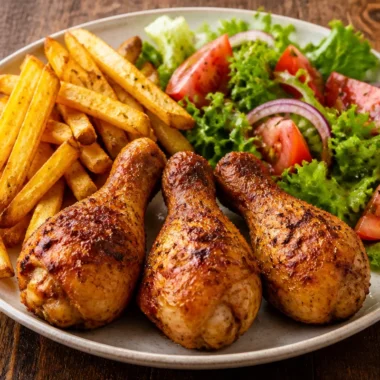 Chicken drumsticks served with crispy fries and a colorful garden salad