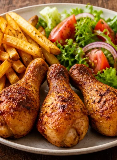 Chicken drumsticks served with crispy fries and a colorful garden salad