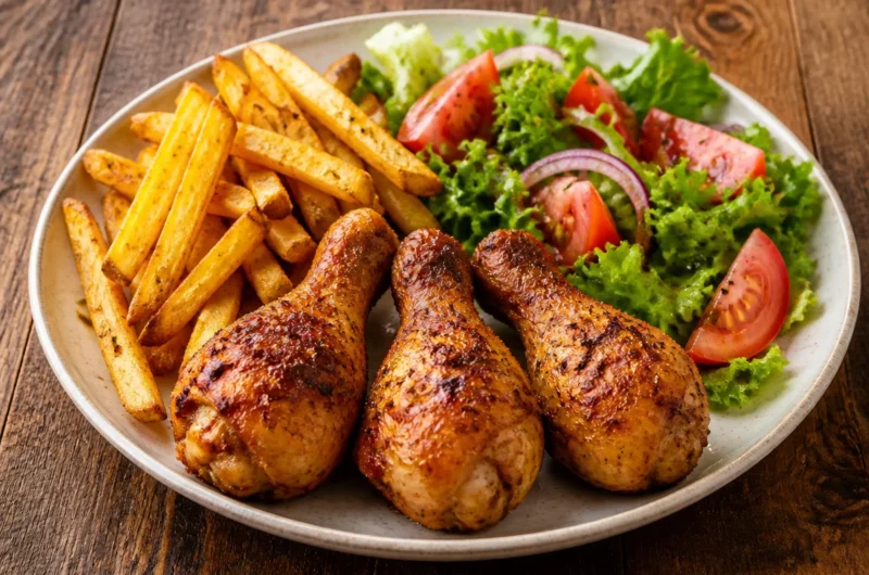 Chicken drumsticks served with crispy fries and a colorful garden salad