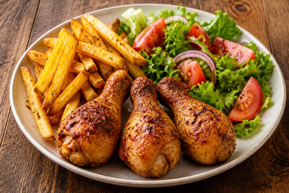 Chicken Drumsticks With Crispy Fries And Garden Salad