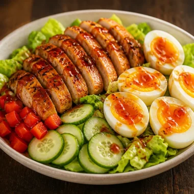 Citrusy chicken salad bowl with fresh vegetables and vibrant dressing