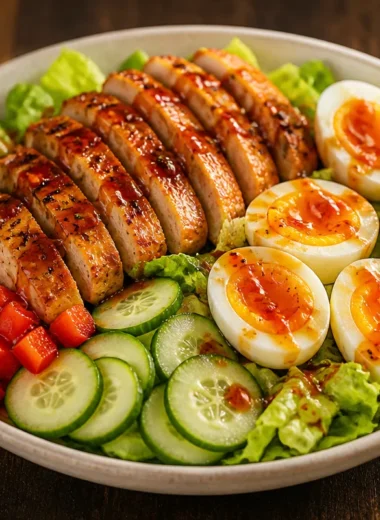Citrusy chicken salad bowl with fresh vegetables and vibrant dressing