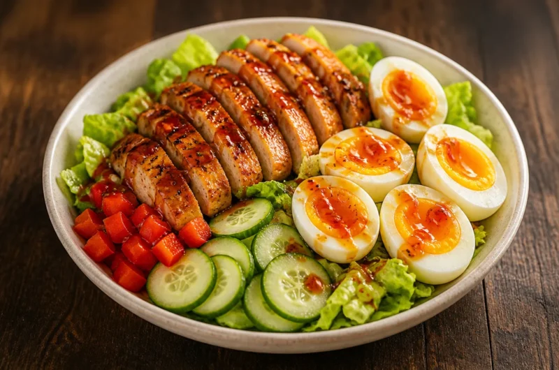 Citrusy chicken salad bowl with fresh vegetables and vibrant dressing