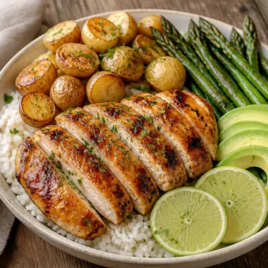 Citrusy honey lime chicken power bowl with fresh vegetables and grains