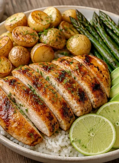 Citrusy honey lime chicken power bowl with fresh vegetables and grains