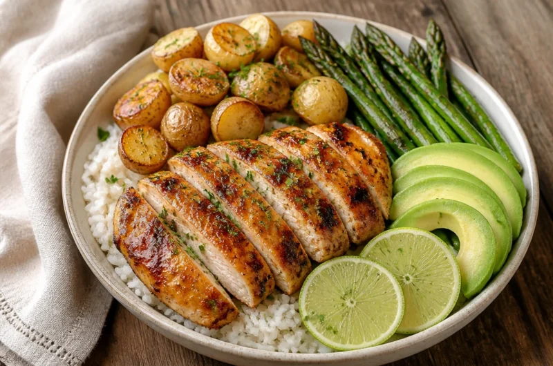 Citrusy honey lime chicken power bowl with fresh vegetables and grains