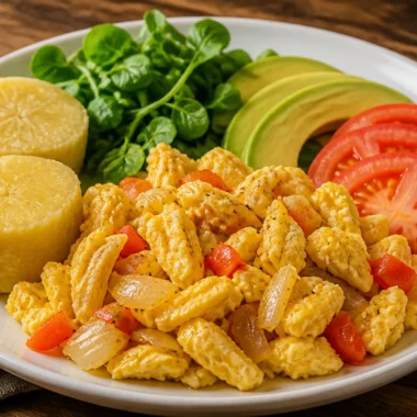 Creamy Ackee and Scrambled Eggs served on a plate