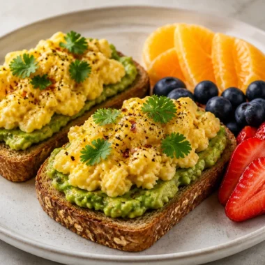 Delicious creamy avocado egg toast served with a side of fresh fruit