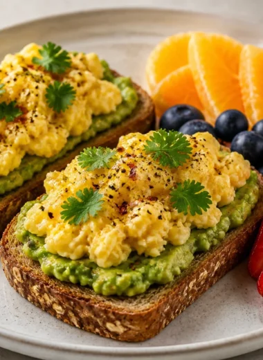 Delicious creamy avocado egg toast served with a side of fresh fruit