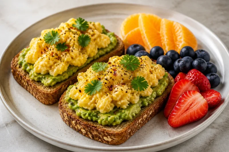 Delicious creamy avocado egg toast served with a side of fresh fruit