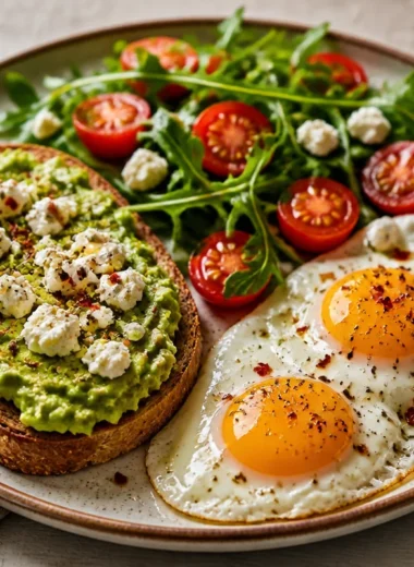 Creamy avocado and eggs breakfast plate for a nutritious morning meal.