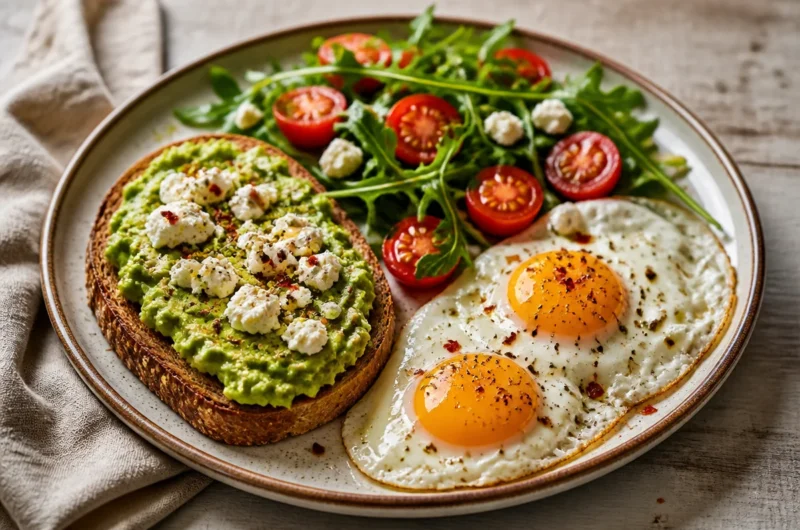 Creamy avocado and eggs breakfast plate for a nutritious morning meal.