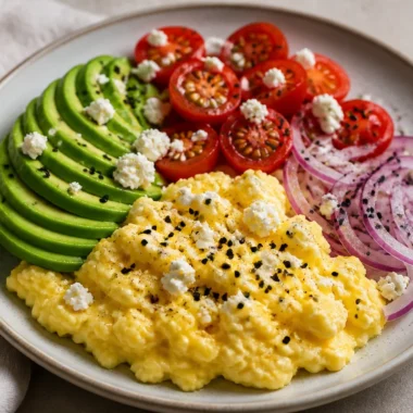 Plate of creamy avocado scrambled eggs garnished with herbs