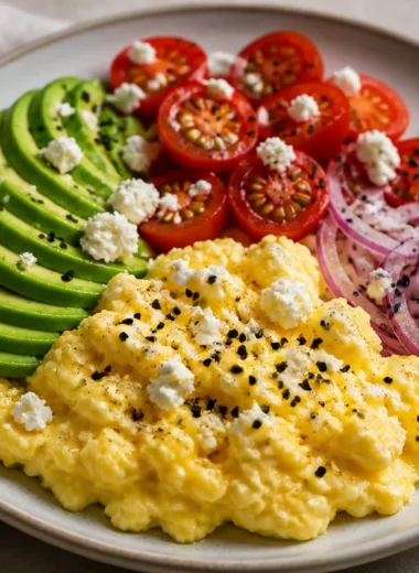 Plate of creamy avocado scrambled eggs garnished with herbs