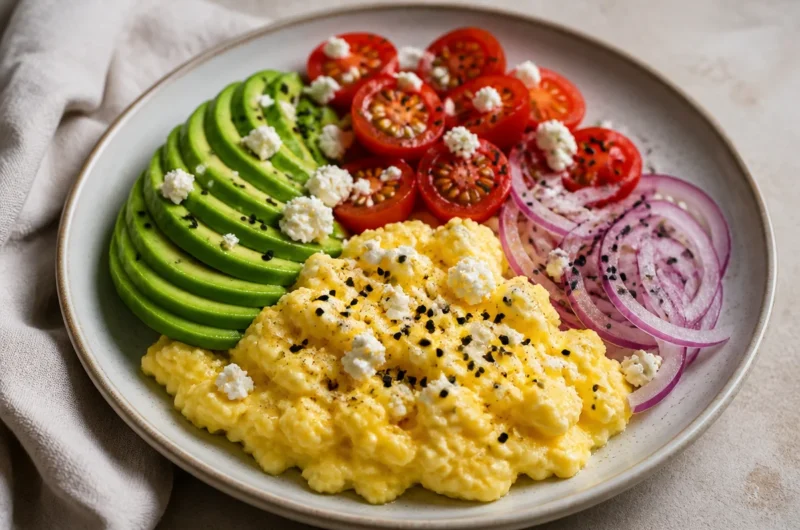 Plate of creamy avocado scrambled eggs garnished with herbs